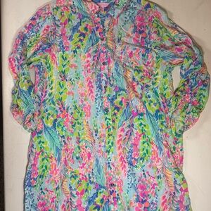 Lilly Pulitzer Neon Button Down Long Sleeve Shirt Dress Size Large Floral